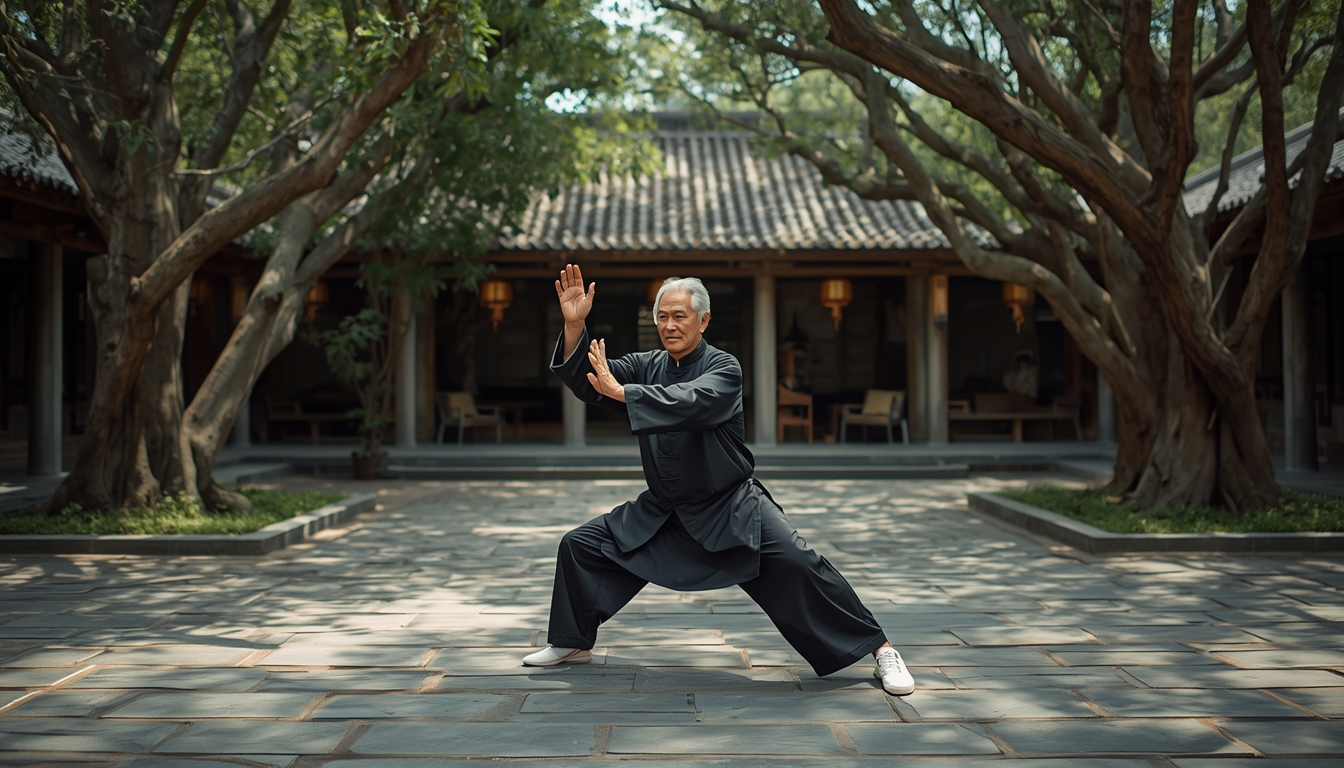 Martial arts master practicing traditional Kung Fu in a historic Foshan courtyard.
