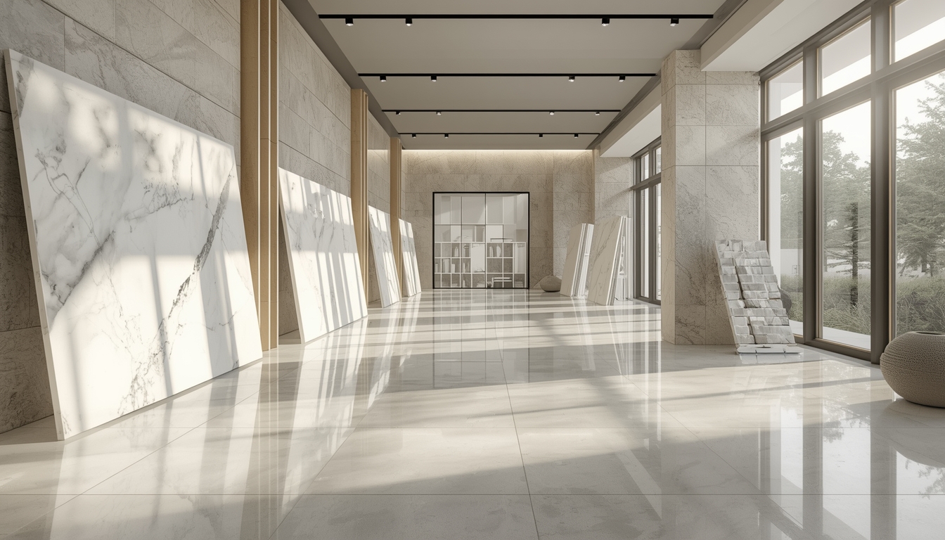 Large format porcelain tile slabs in a high-end Foshan ceramics showroom.