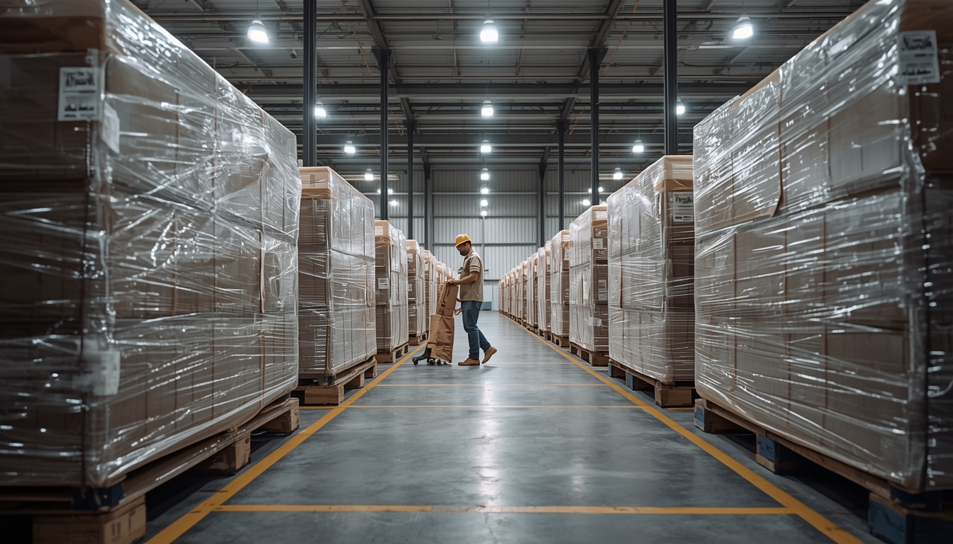 Sofas packed for export in a Foshan warehouse