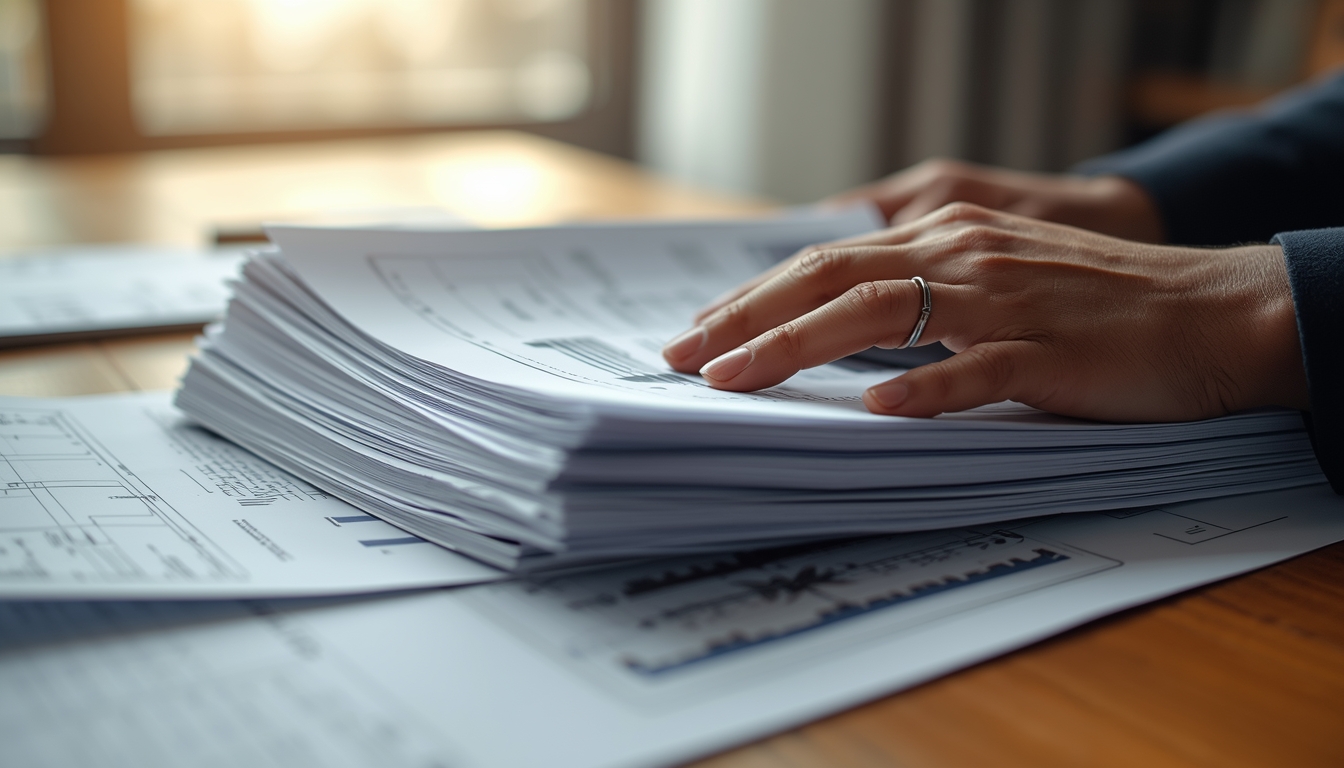 A close-up of a professional hand reviewing a thick stack of shipping documents and technical specification sheets on a wooden desk, soft in
