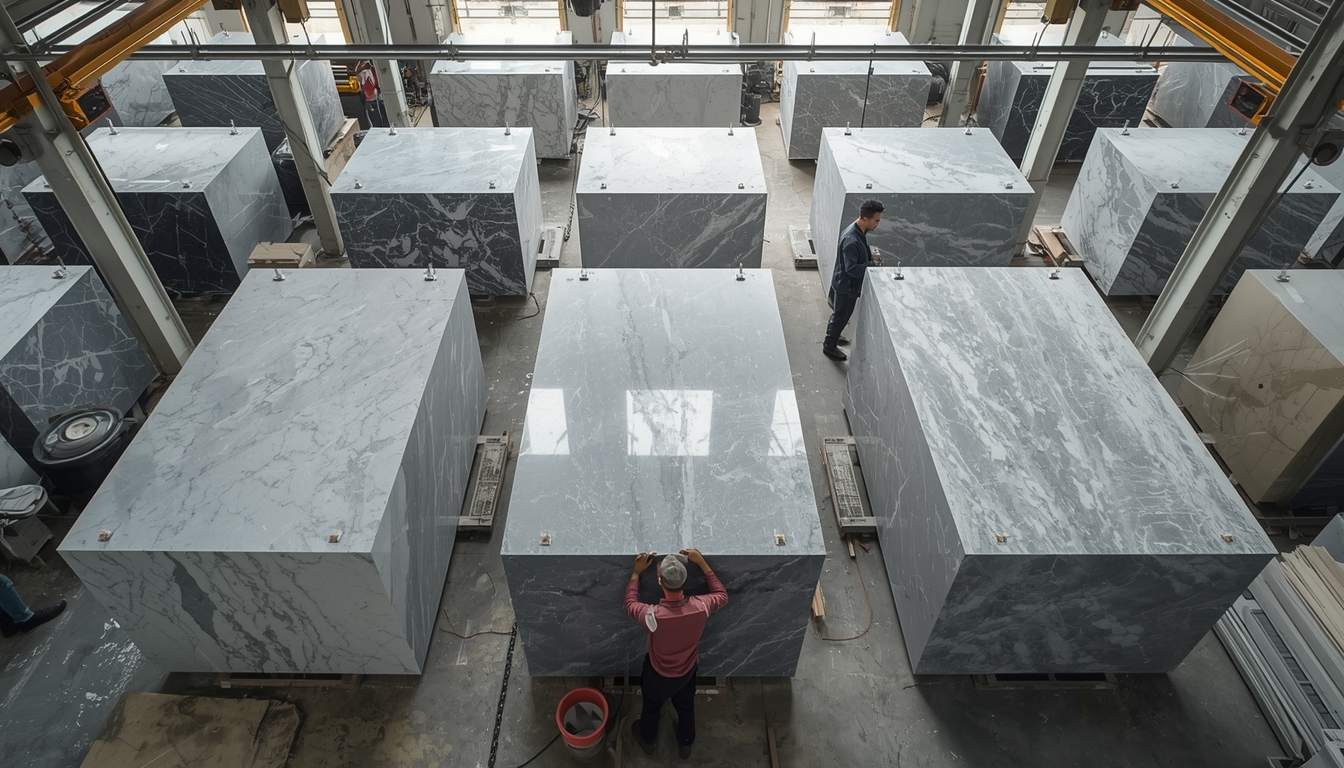 A high-angle shot of a bustling factory workshop in Foshan, showing craftsmen carefully inspecting large slabs of polished grey marble, brig