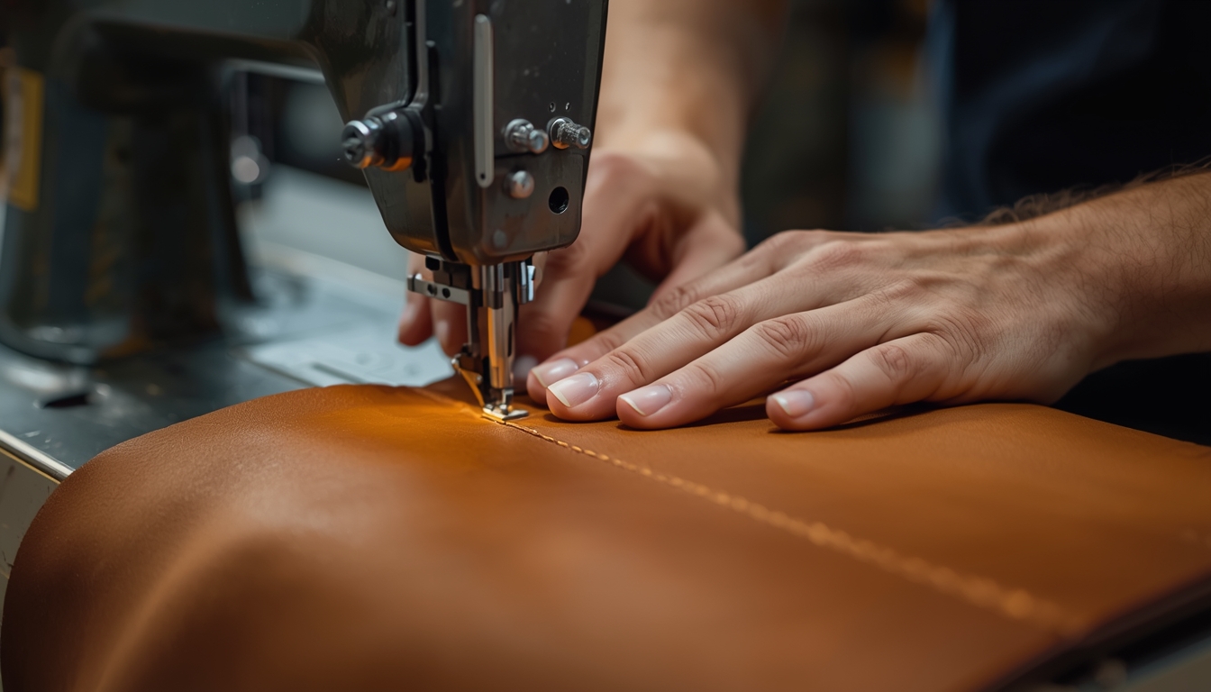 Professional craftsman stitching premium full-grain leather in a Foshan workshop.