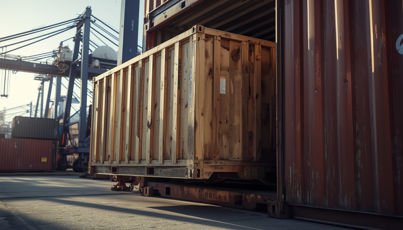 Industrial shipping container being loaded for international furniture export.