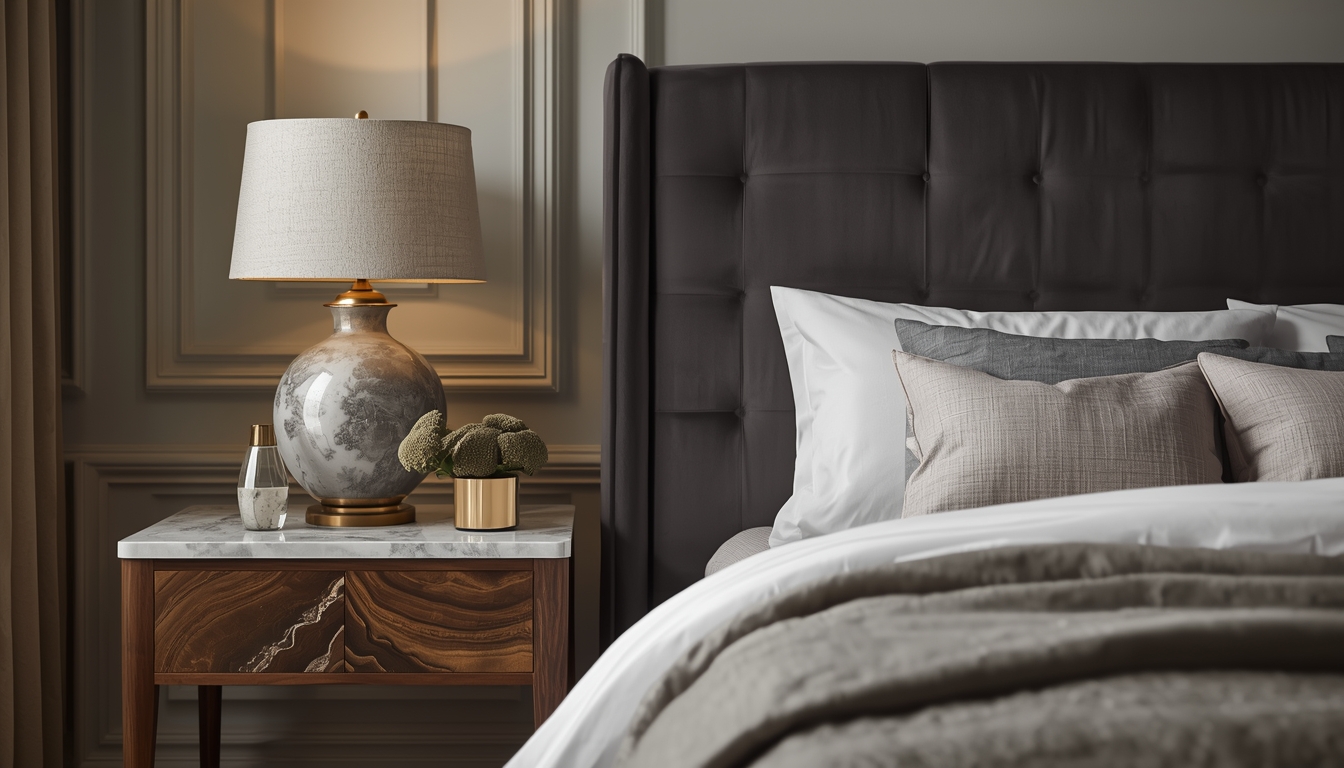 A master bedroom featuring custom walnut and velvet furniture from a Foshan showroom.