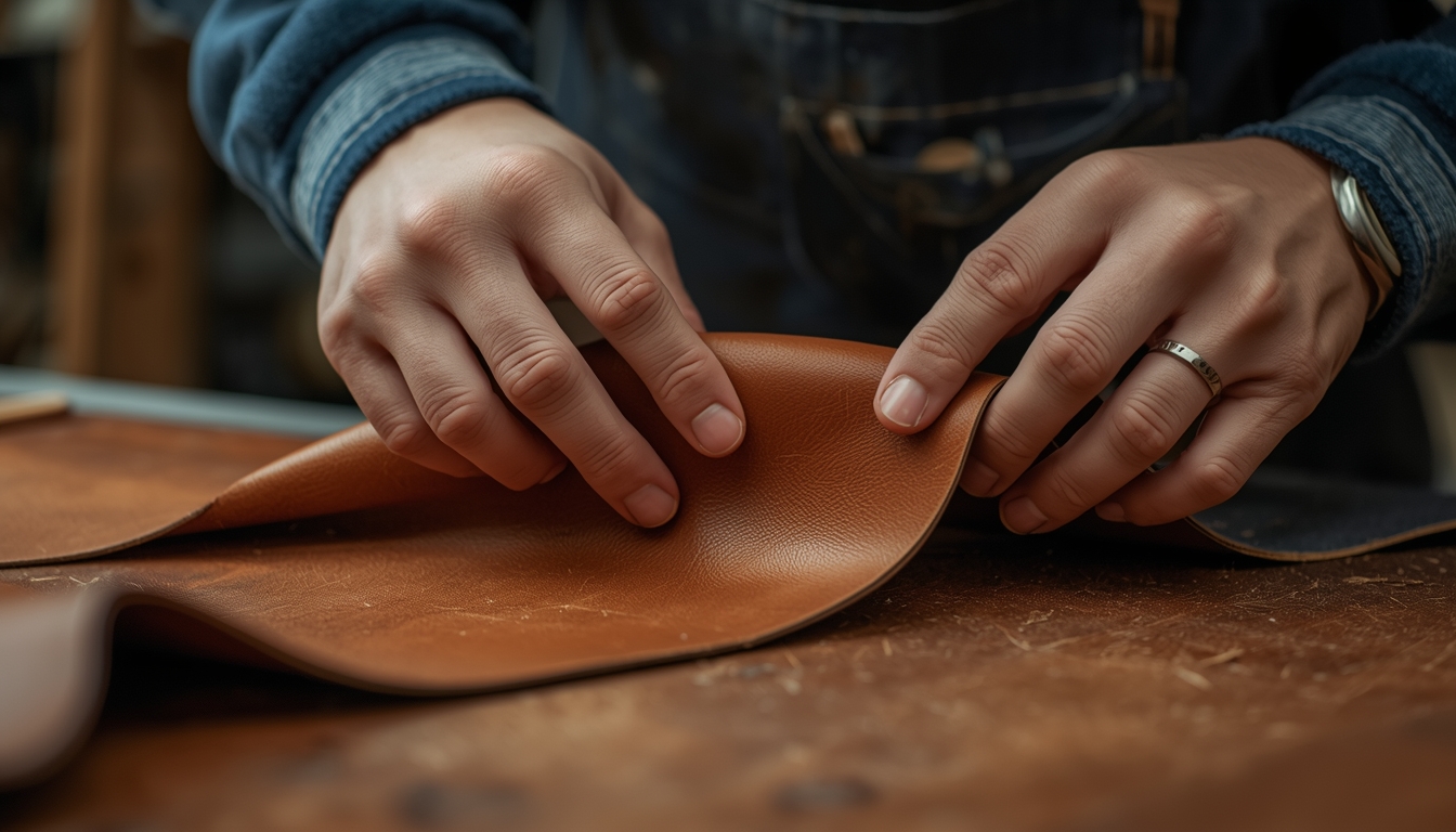 A professional quality inspection of premium leather in a Foshan workshop.