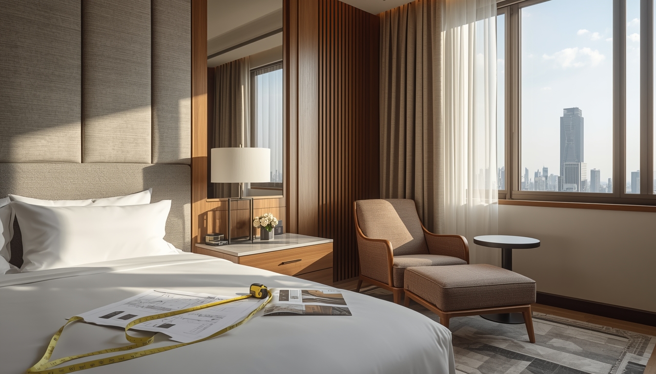 Hotel-style sample room set up in a Foshan furniture factory