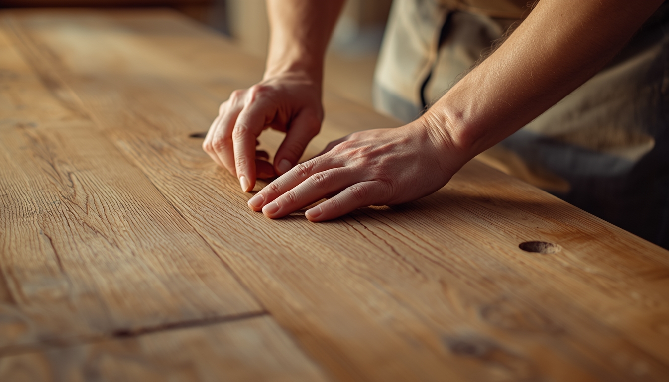 A close-up of a craftsman's hands working with fine wood grain on a modern dining table, showing the texture of the oak and the precision of