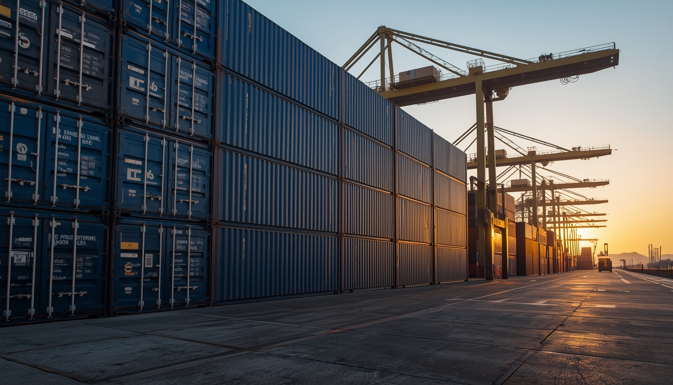 Containers waiting at a South China port at dawn