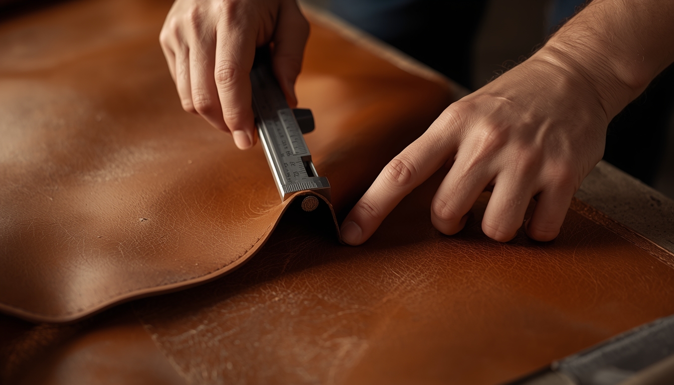 Measuring leather thickness during production in Foshan