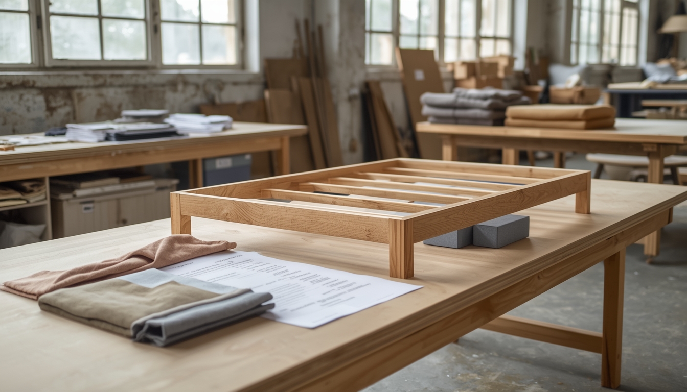Sofa frame, foam and a printed specification sheet on a workshop bench in Foshan