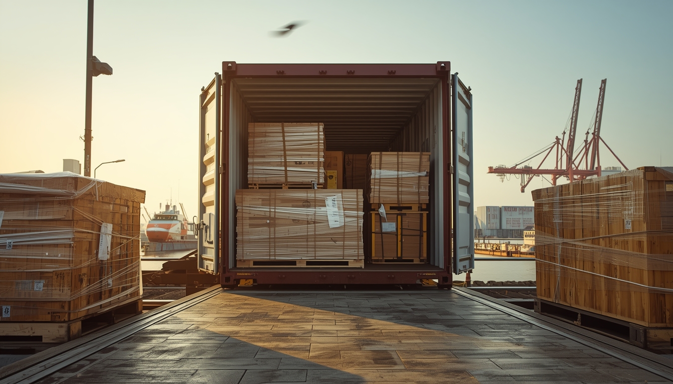 Furniture crates being loaded into a shipping container in Foshan